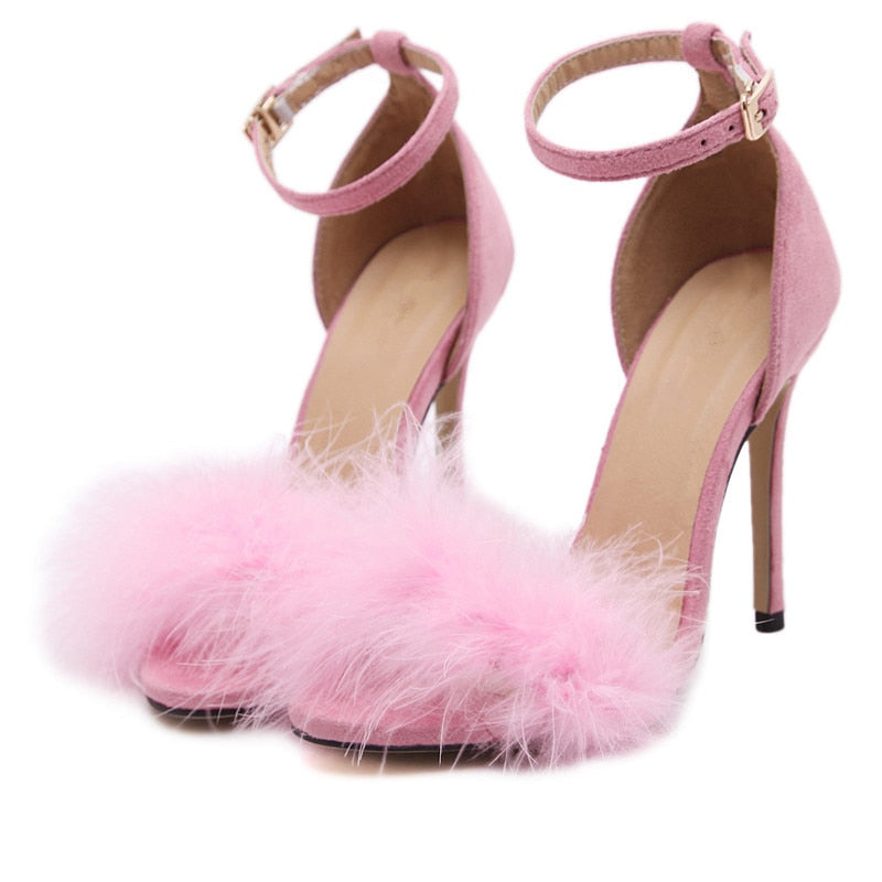 Amozae Women Stiletto Sandalen 2022 Trend 11Cm Heels Designers Summer Shoes Open Toe Fluff Strappy Thin High Heels Lace Up Fur Sandals