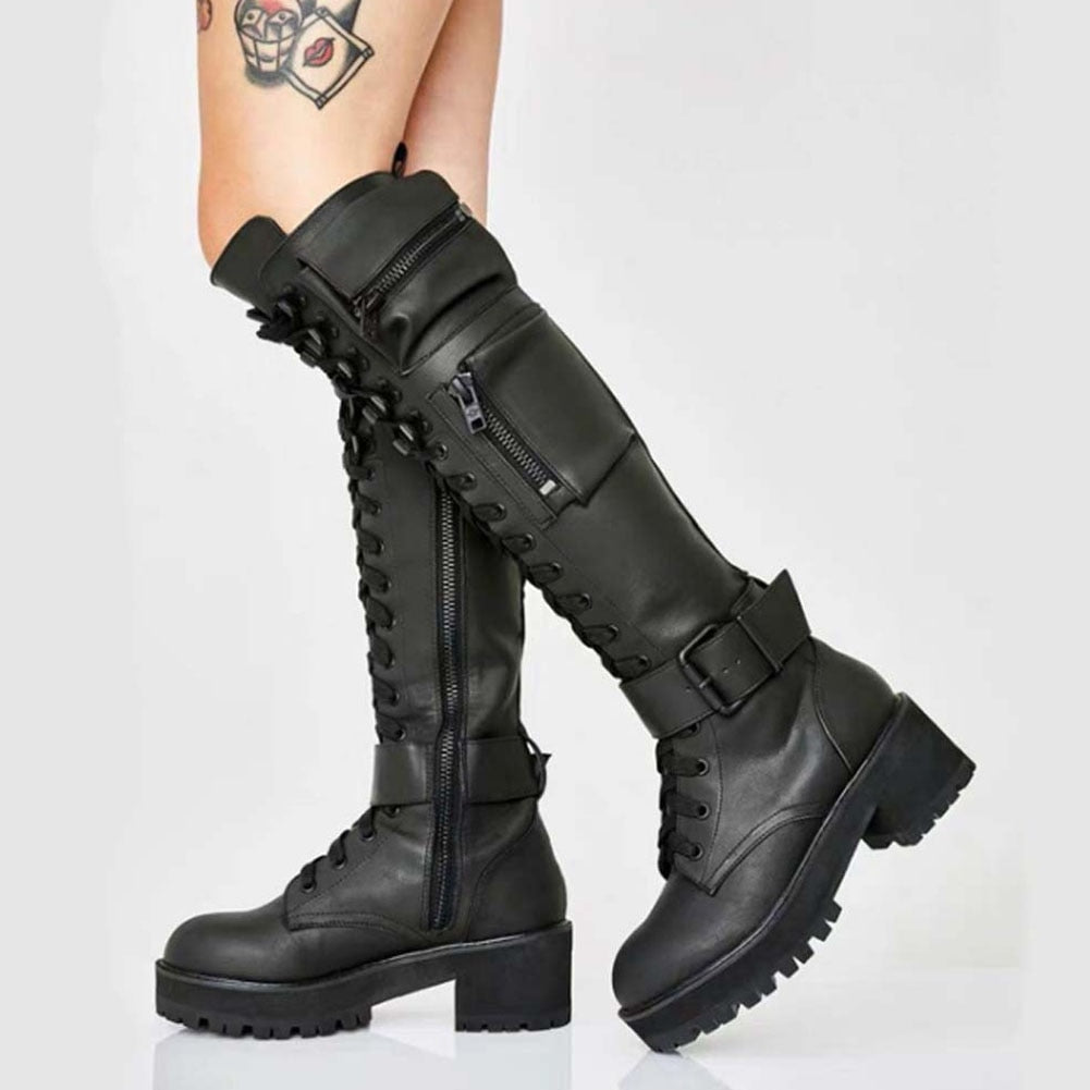 Amozae Fashion Women's Thigh High Boots Black Punk Gothic Woman Platform Boots Wedge Motorcycle Boot Heels Women Shoes Big Size