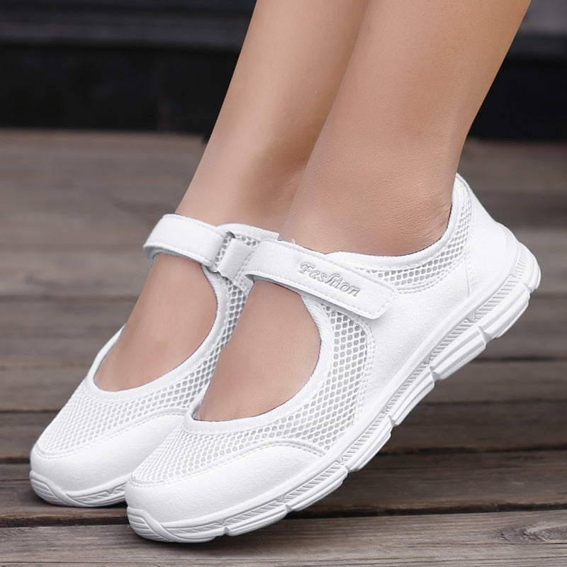 flowersverse New Women Flats Spring Summer Ladies Mesh Flat Shoes Women Soft Breathable Sneakers Women Casual Shoes White Nurse Shoes