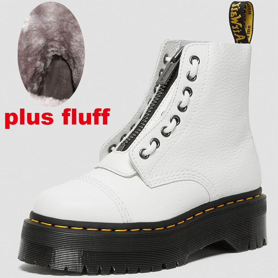 Amozae Women Platform Boots Ladies Genuine Leather Combat Boot Female Motorcycle Zipper Winter Height Ankle Boots Zapatos Mujer Shoes