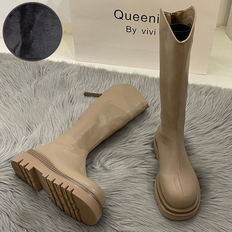 flowersverse Women Boots Fashion Casual Non Slip Zipper Knee Boots Woman Comfortable Round Boots Ladies Platform PU Winter Boot Female