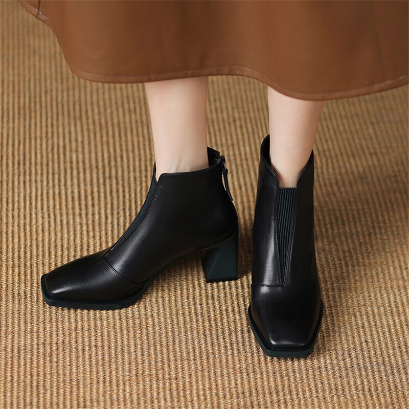 flowersverse Autumn Winter Square Toe Boots Women Chunky Heel Genuine Leather Shoes For Women Short Boots Solid Color Zipper Ankle Boots