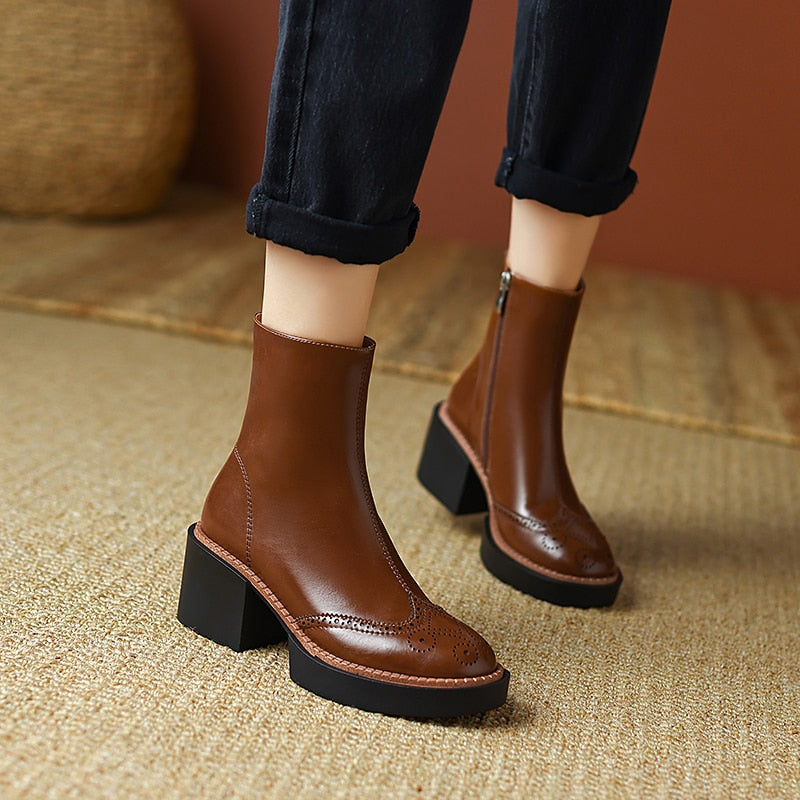 flowersverse Autumn Winter Women Boots Round Toe Chunky Heel Women Shoes Solid Ankle Boots Platform Shoes Retro Bullock Chelsea Boots