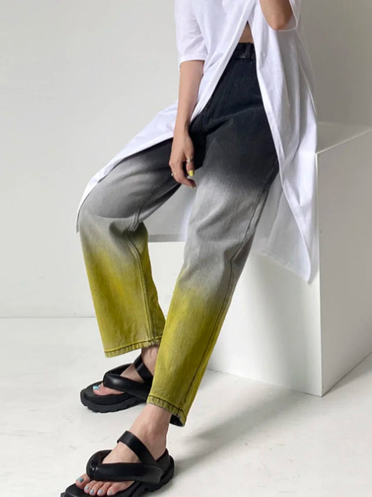 Jeans Woman High Waisted Jeans Gradient Button Denim Pants Designer Slim Streetwear Fashion Spring Straight Y2K Trousers