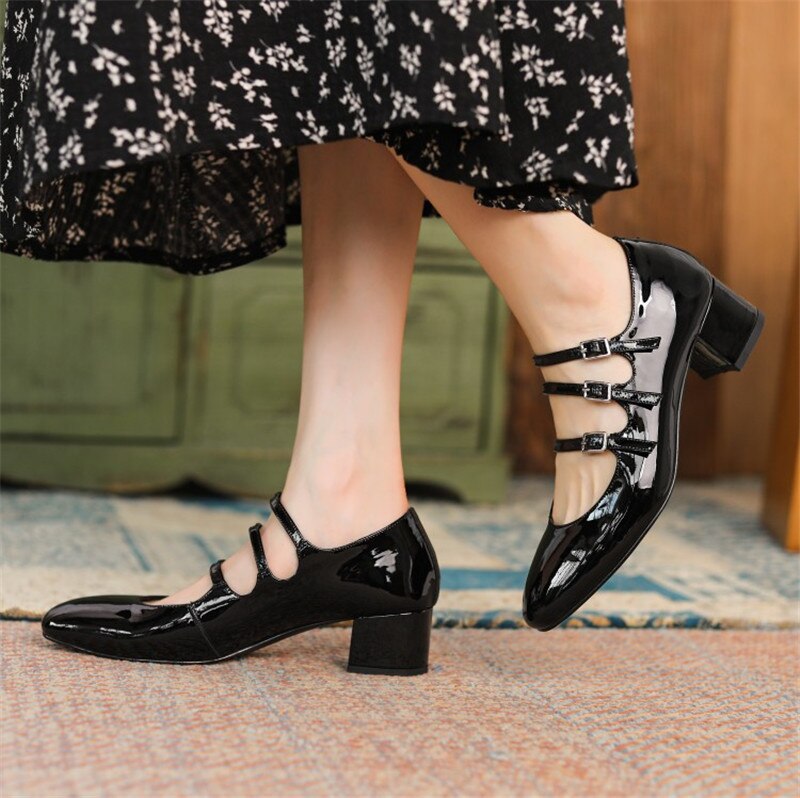 flowersverse - Spring/summer Mary Jane Shoes Patent Leather Woman Shoe French Square Toe Thick Heel Shoes Women Buckle Strap Commute Pumps