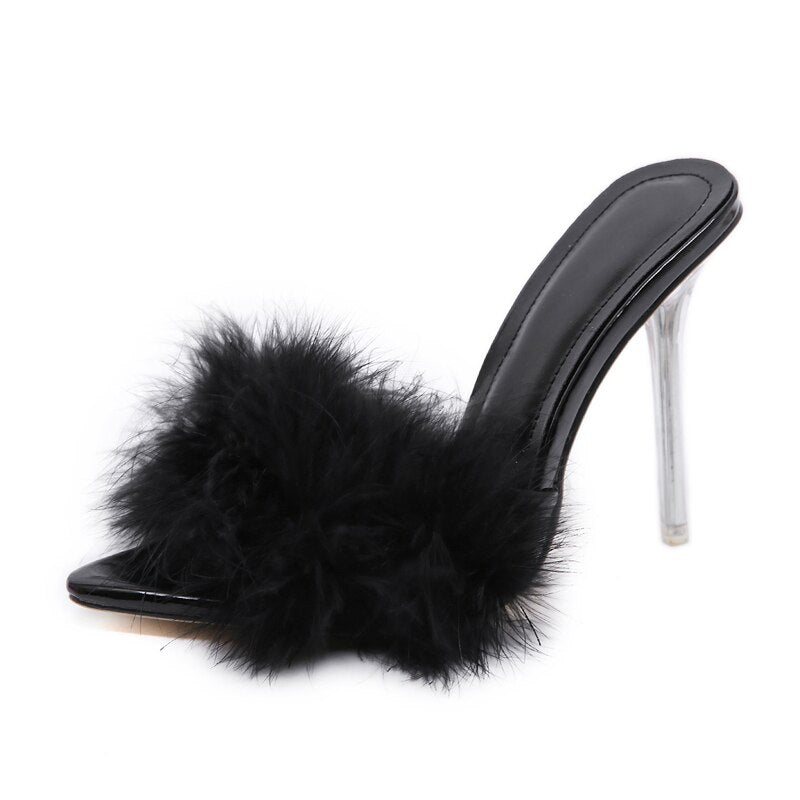 Amozae Transparent High Heels Sandals Feather Woman Slippers Fur Stiletto Pointed Mules Evening Party Women Shoes Rose 41