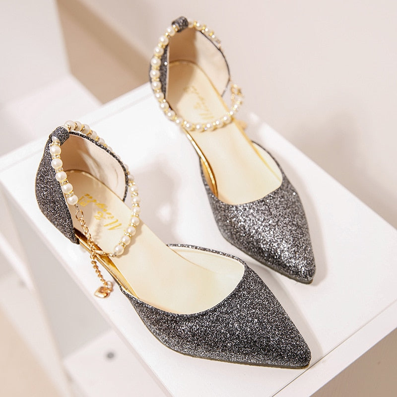 flowersverse Pointed toe Pearl High heels shoes Female Fashion hollow with Sandals Paillette of the Thin Breathable shoes Women Pumps