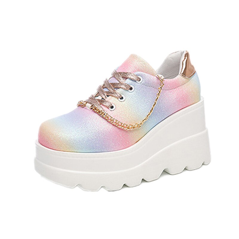 Amozae Summer Fashion Colorful Leather Shoes Women's Golden Thin Flash Lace Wedge Heel Thick Bottom Heightening Casual Sports Shoes