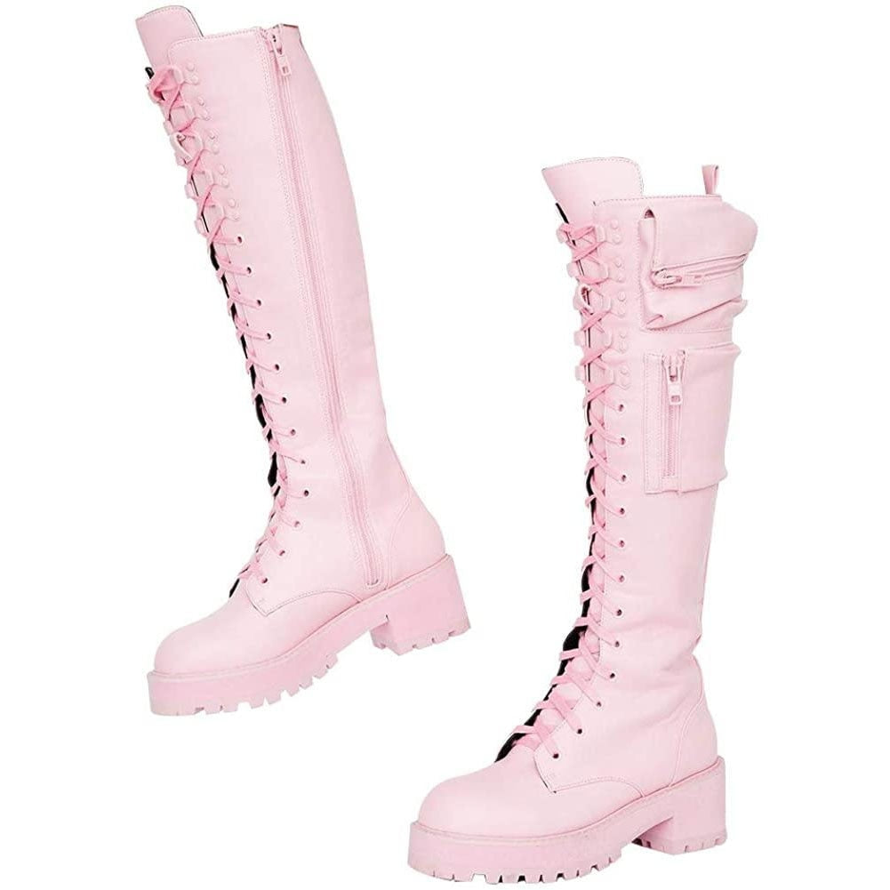 Amozae Fashion Women's Thigh High Boots Black Punk Gothic Woman Platform Boots Wedge Motorcycle Boot Heels Women Shoes Big Size