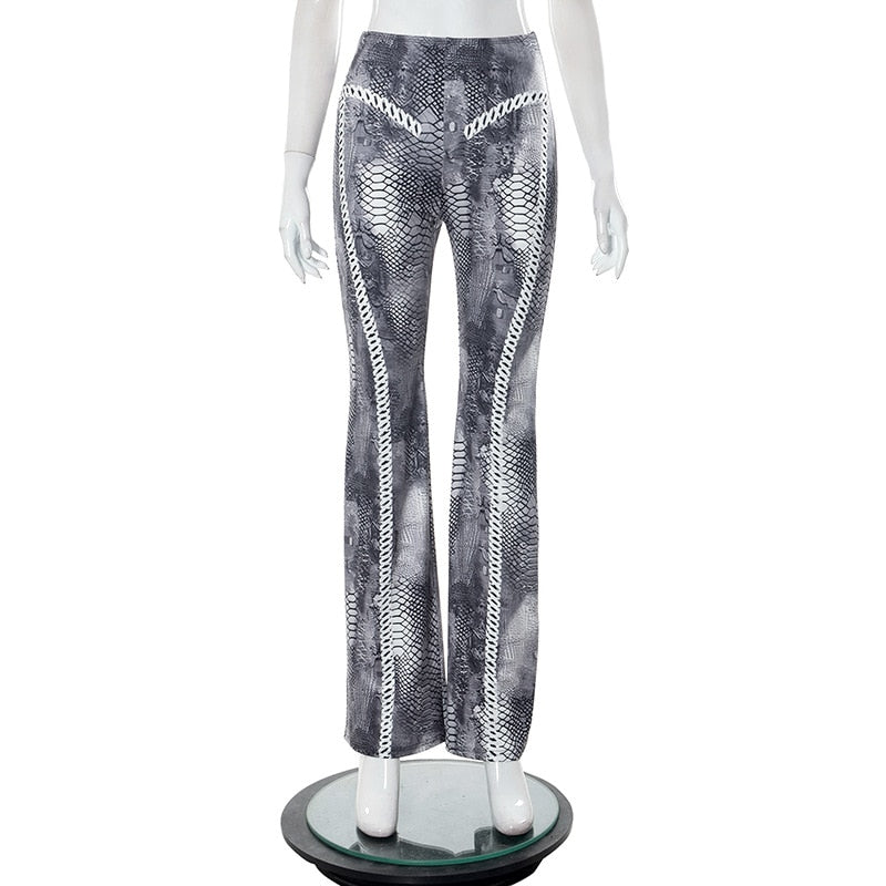 Serpentine Printed Trousers Women Stunning High Elastic Waist Flared Pants Summer Female Bottoms Harajuku Streetwear