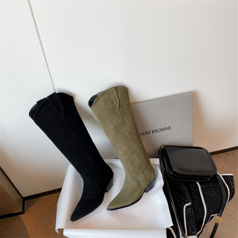 flowersverse Autumn/Winter Pointed Toe Chelsea Boots New Women Boots Chunky Heel Mid-Calf Boots Shoes For Women Comfortable High Heel