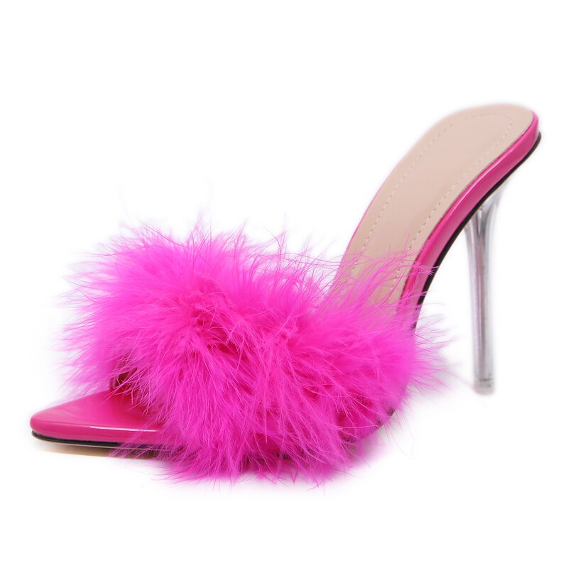 Amozae Transparent High Heels Sandals Feather Woman Slippers Fur Stiletto Pointed Mules Evening Party Women Shoes Rose 41