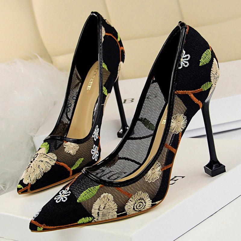 Amozae Summer Fashion High Heels Women's Floral Embroidered Lace Party Stiletto High Heels Mesh Women's Shoes