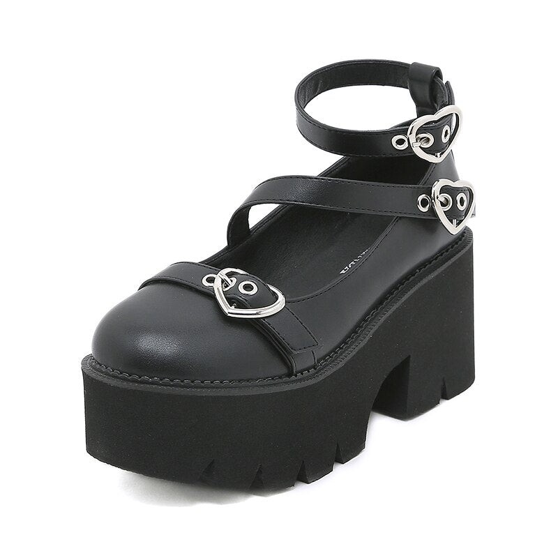 Amozae Platform Lolita Shoes On Chunky Heels Spring Cross Bandage Women Mary Jane Shoes Kawaii Cospaly Heart Buckle Big Size