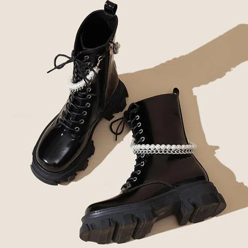 flowersverse New Women Autumn Boots Pearl Zipper No-Slip Mid Calf Boots Woman Platform Leather Shoes Ladies Fashion Solid Booties Female
