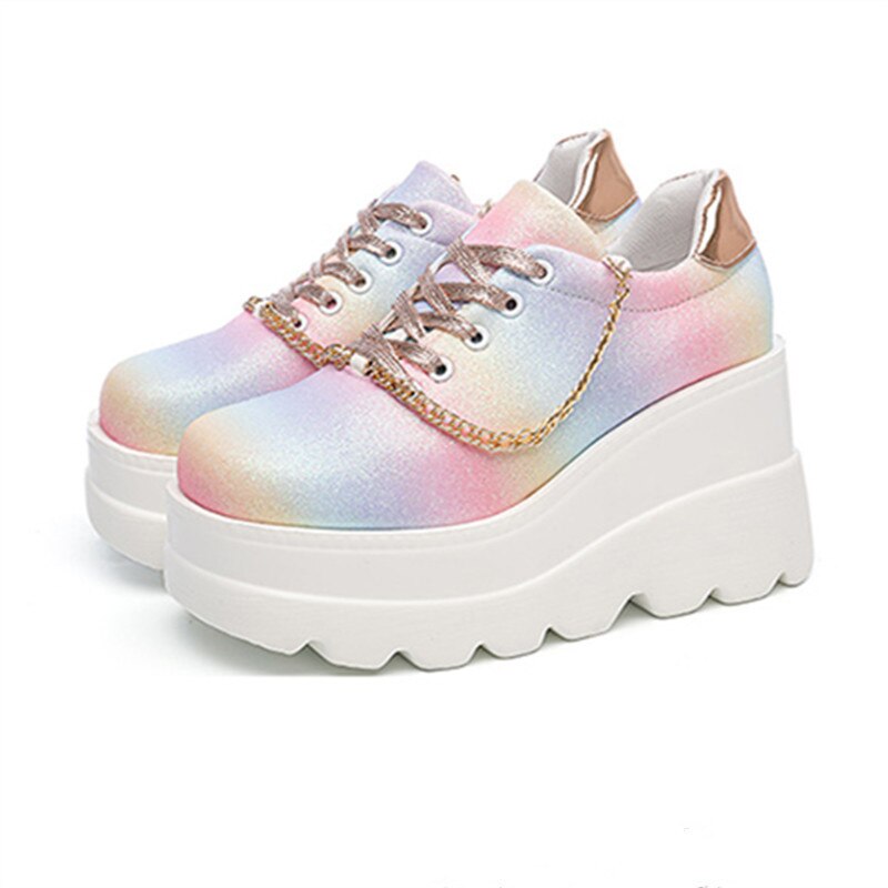 Amozae Summer Fashion Colorful Leather Shoes Women's Golden Thin Flash Lace Wedge Heel Thick Bottom Heightening Casual Sports Shoes