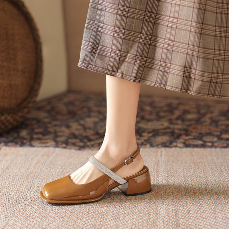 flowersverse Diamond Women's Sandals Thick Heel Square Head Classic Female Mary Jane New Design Elegant Shallow Mouth Lady Single Shoes