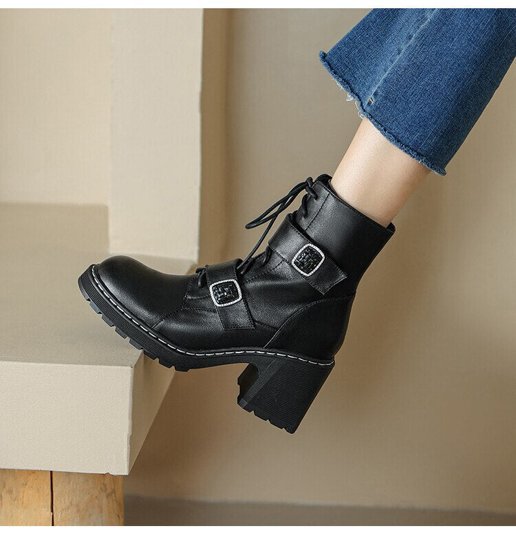 flowersverse Autumn Winter Round Toe Women Boots Chunky Heel Shoes For Women Short Boots Belt Buckle Side Zipper High Heels Knight Boots