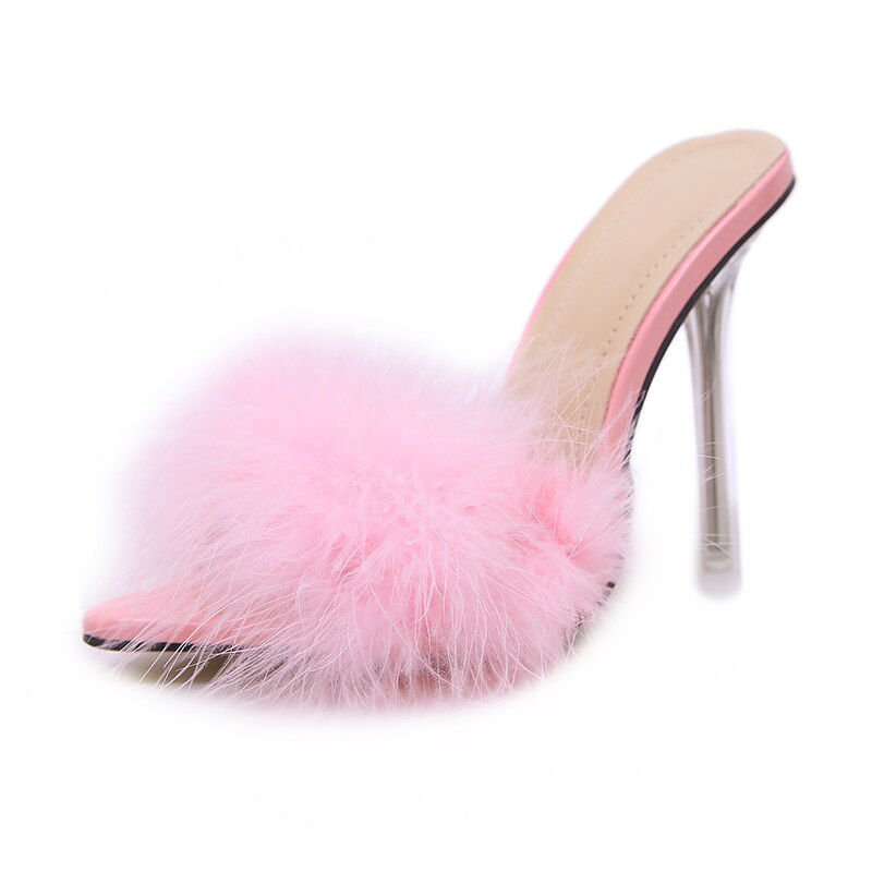 Amozae Transparent High Heels Sandals Feather Woman Slippers Fur Stiletto Pointed Mules Evening Party Women Shoes Rose 41