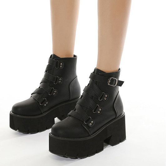 Amozae Winter New Thick-Soled Nightclub Women's Shoes Thick High-Heeled Ankle Boots Black Leather Trend Tênis Femininos