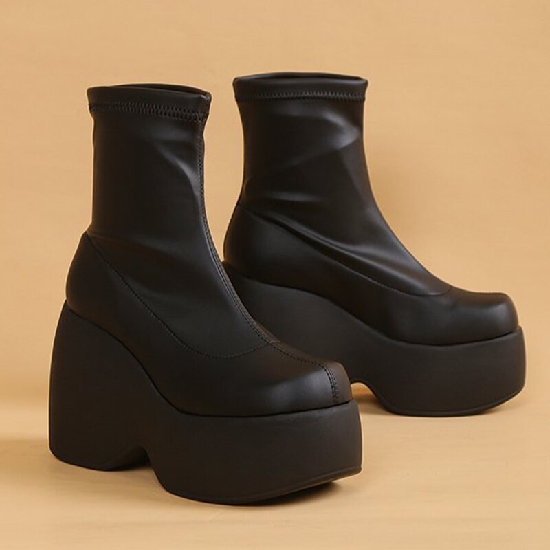 Christmas Gift Women Boots Chunky Platform Woman Ankle Boots Fashion Shoes Casual Slip On Short Boots Ladies Black Boots Female