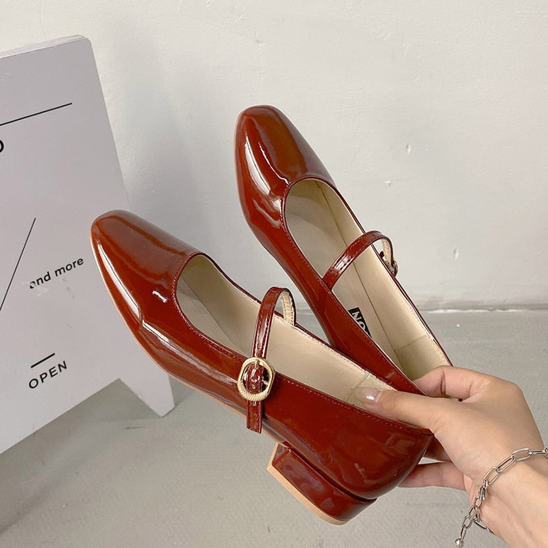 Christmas Gift Spring Autumn Women Mary Janes Shoes Patent Leather Low Heels Dress Shoes Square Toe Shallow Buckle Strap