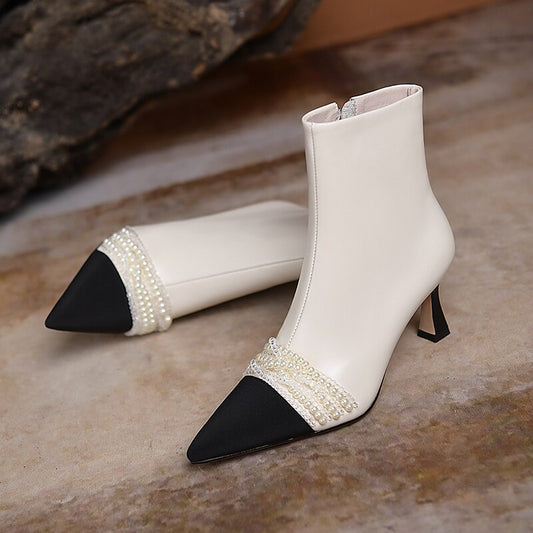 flowersverse Hot Genuine Leather Knitting Mixed Colors Women Boots Fashion String Bead ZIP Ankle Boots Pointed Toe Thin Heel Women Shoes