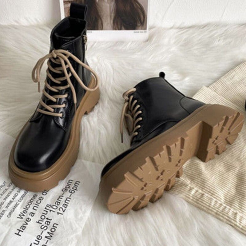 Christmas Gift New Winter Women Boots Comfortable Platform Lace-Up Ankle Boots Woman Fashion Shoes Female Casual PU Short Boots Ladies