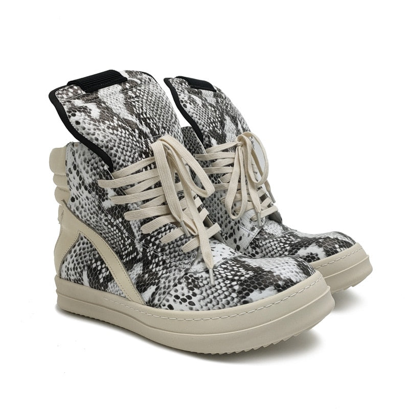 Black Friday Amozae Men's Shoes Leather Snakeskin Round Toe Casual Shoes High Version Thick Bottom Sneakers Spring Lace Up Brand Designer Shoes