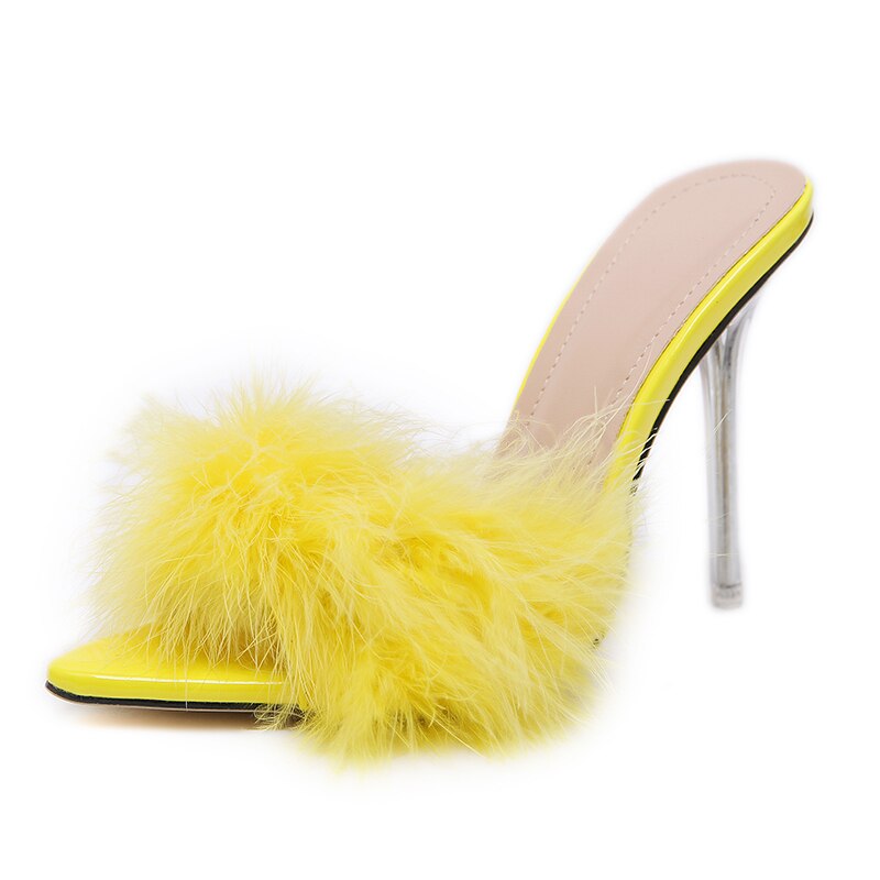 Amozae Transparent High Heels Sandals Feather Woman Slippers Fur Stiletto Pointed Mules Evening Party Women Shoes Rose 41