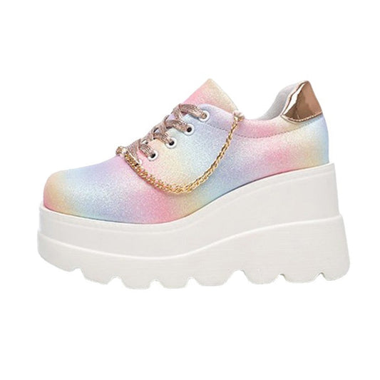 Amozae Summer Fashion Colorful Leather Shoes Women's Golden Thin Flash Lace Wedge Heel Thick Bottom Heightening Casual Sports Shoes