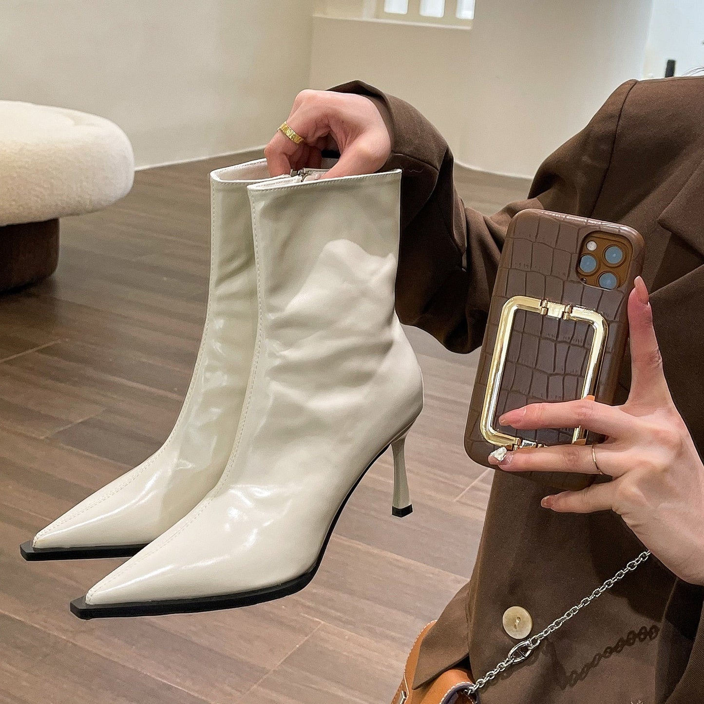 Graduation Gift Retro Pointed Short Boots Women's New Temperament High-Heeled Shoes Patent Leather Fashion Solid Office Ladies Shoes