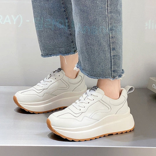 flowersverse Fashion Women Shoes Platform Sneakers Ladies Lace-Up Casual Shoes Breathable Walking Shoes White Flat Sneaker