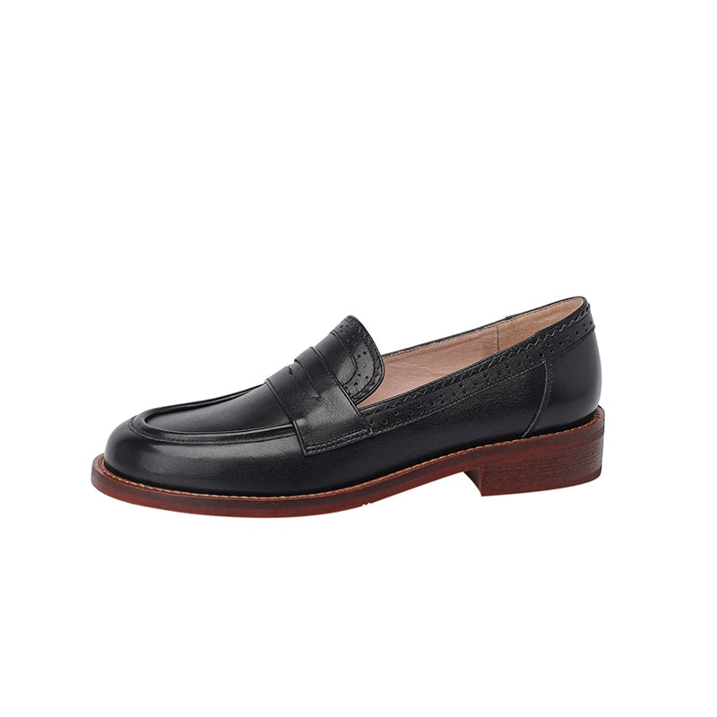 flowersverse New Genuine Leather Women Shoes Retro Round Toe Carved Brogues Thick Heel Slip-On Loafers Shoes For Women Zapatos De Mujer