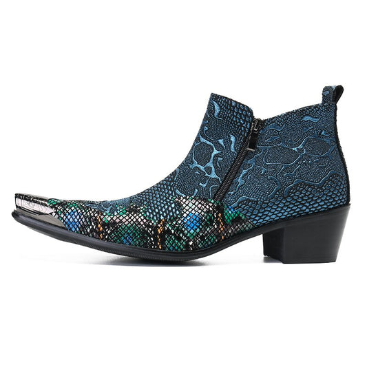 Amozae Trendy British Genuine Leather Glitter Men Ankle Boots Steel Toe Mens High Heels Snake Skin Bota Masculina Party Dance Shoes Man