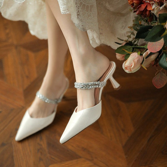 flowersverse Pointed Ladies Mary Jane Design Elegant Mules Slingback Women's Sandals Summer Chain Pumps High Heels Female Stiletto