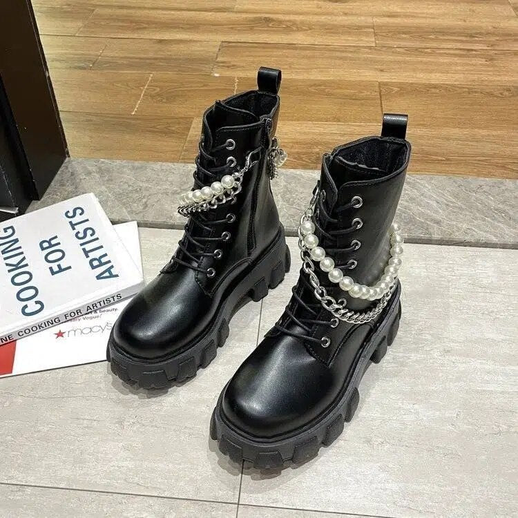 flowersverse New Women Autumn Boots Pearl Zipper No-Slip Mid Calf Boots Woman Platform Leather Shoes Ladies Fashion Solid Booties Female