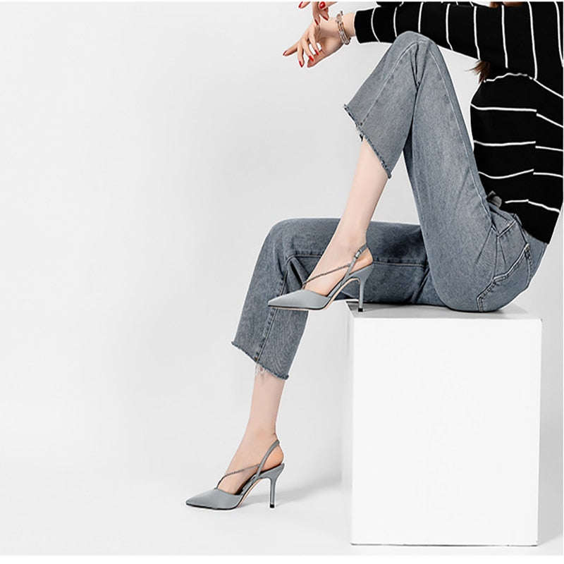 Amozae Ladies Pumps Pointed Toe High Heel Narrow Band Luxury Shallow Party Women Sandals Summer Fashion Weave Solid Female Shoes