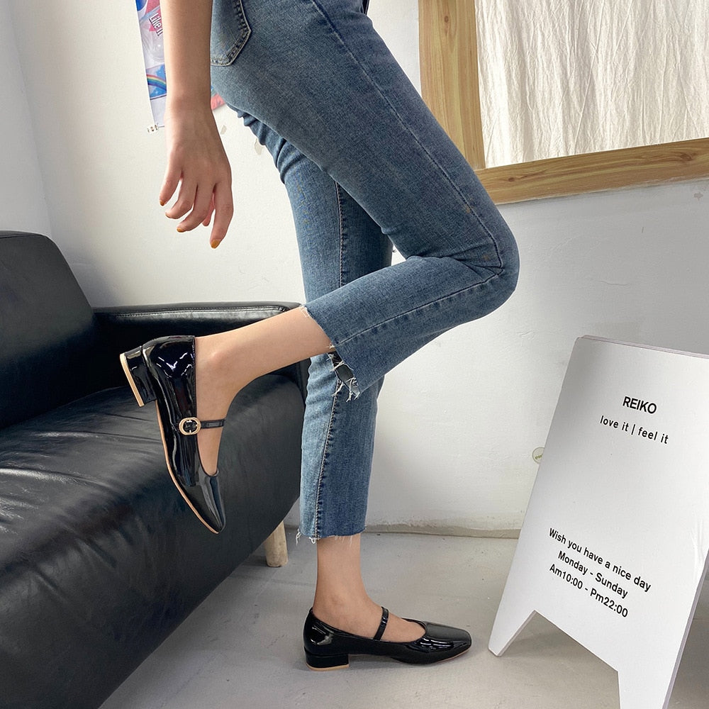 Christmas Gift Spring Autumn Women Mary Janes Shoes Patent Leather Low Heels Dress Shoes Square Toe Shallow Buckle Strap