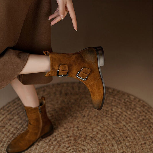 flowersverse Autumn Winter Round Toe Women Boots Chunky Heel Shoes For Women Short Boots Belt Buckle Low Heels Sheep Suede Knight Boots