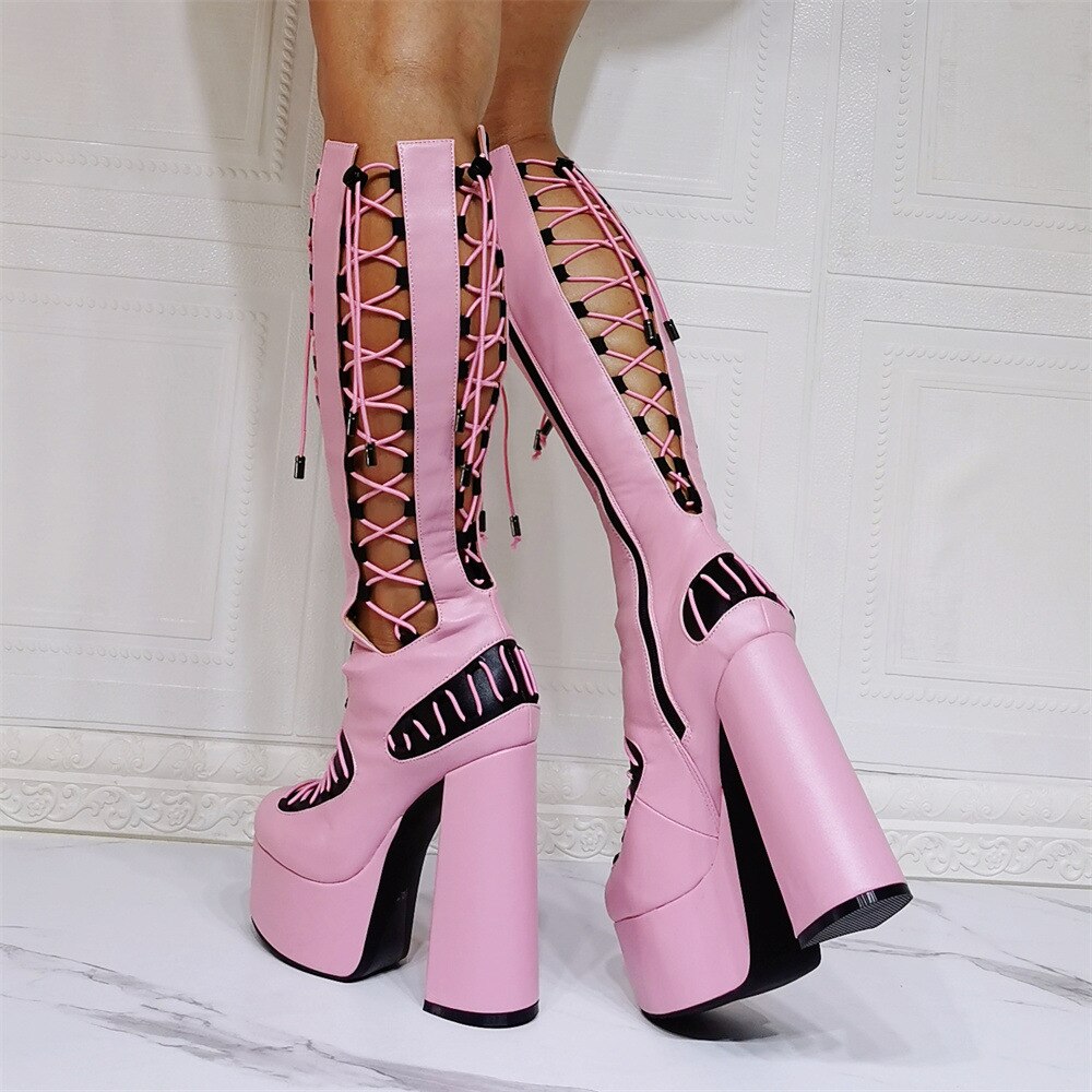 Amozae Summer Platform Chunky High Heels Leather Boots Women Hollow Lolita Mixed Color Sandals Botas Mujer Shoes Female Big Size 14 15