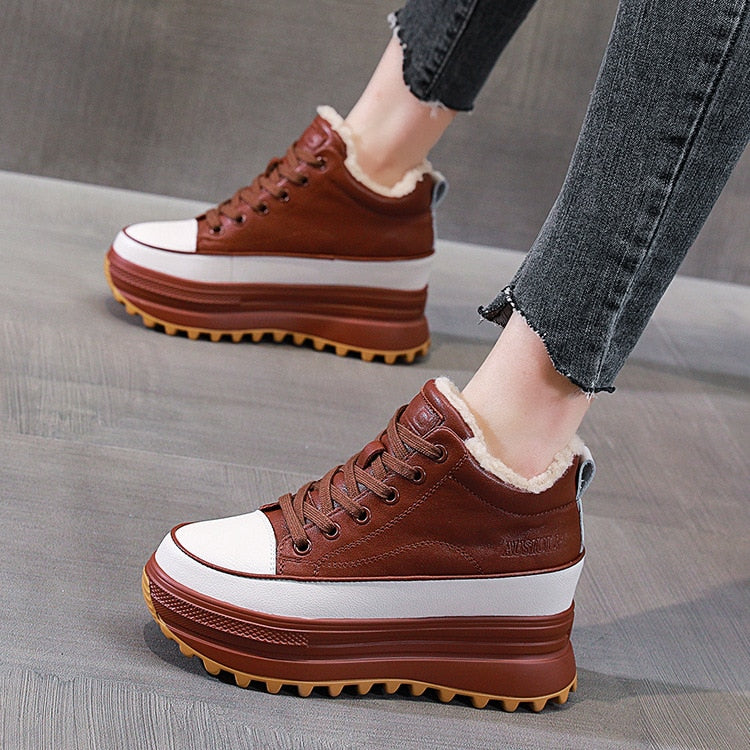 Amozae 7Cm High Platform Shoes Wedge Sneakers Chunky Shoes Platform For Women Genuine Leather Women Casual Shoes Winter Fur Flats
