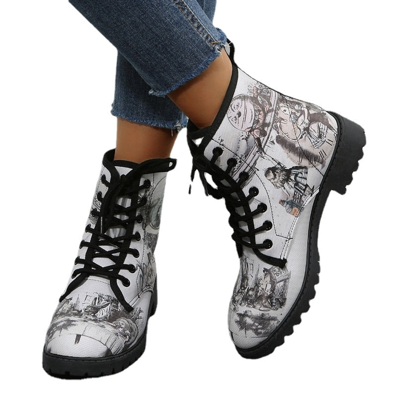 Christmas Gift Women Boots Women's Spring Autumn New British Fashion Women's Tooling Boots Flower Print High-Top Boots Ladies Shoes For Women