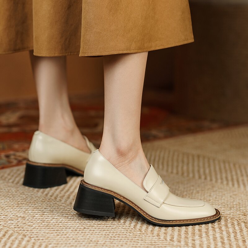 flowersverse New Spring Genuine Leather Women Shoes Casual Slip-On Loafers Square Toe Pumps Shoes Woman Zapatos De Mujer Women Heels