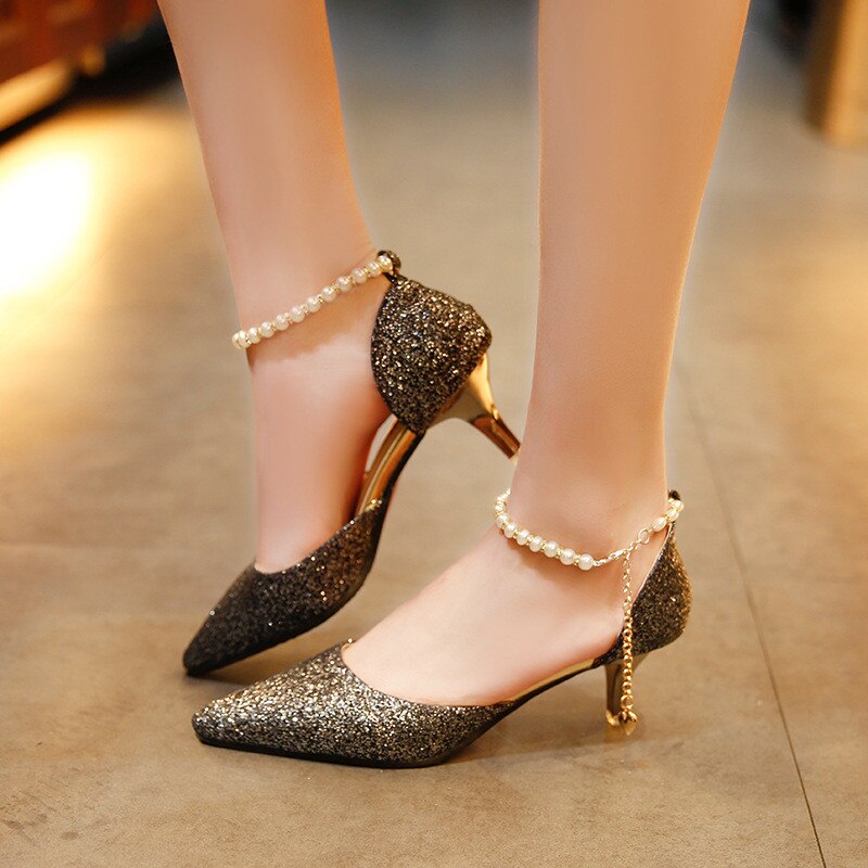 flowersverse Pointed toe Pearl High heels shoes Female Fashion hollow with Sandals Paillette of the Thin Breathable shoes Women Pumps