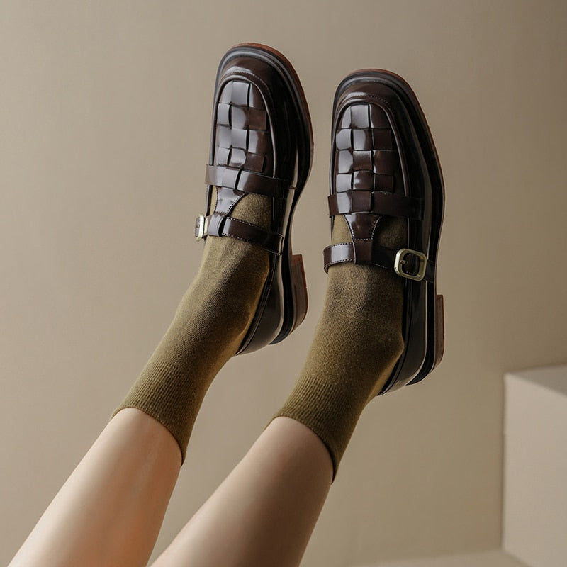 flowersverse New Spring Women Shoes Genuine Leather Shoes Women Fashion Retro Flats Square Toe Low Heel Women Loafers Brown Shoes