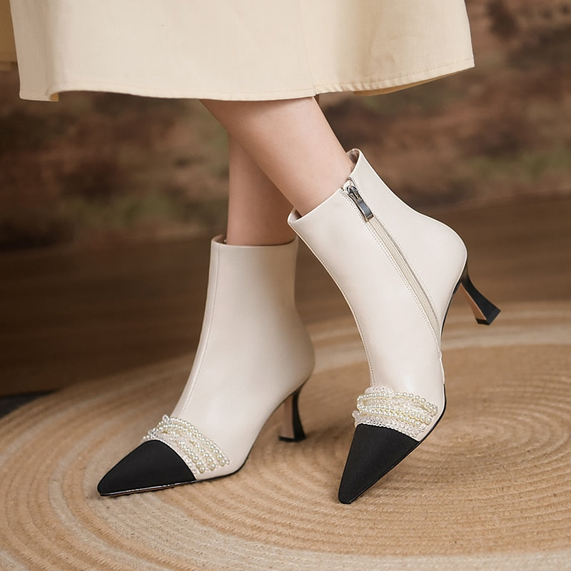 flowersverse Hot Genuine Leather Knitting Mixed Colors Women Boots Fashion String Bead ZIP Ankle Boots Pointed Toe Thin Heel Women Shoes