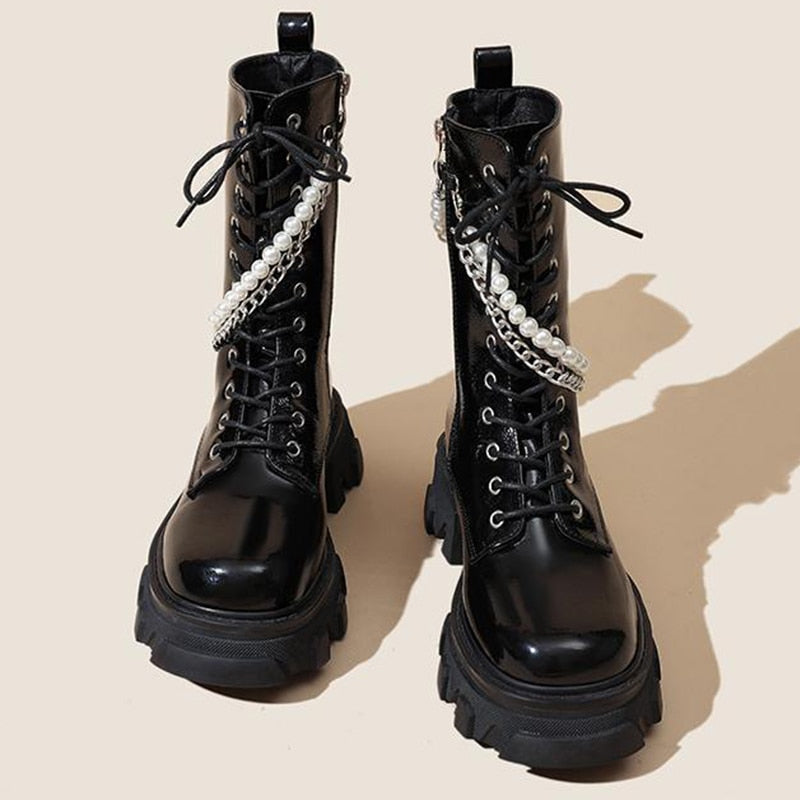 flowersverse New Women Autumn Boots Pearl Zipper No-Slip Mid Calf Boots Woman Platform Leather Shoes Ladies Fashion Solid Booties Female