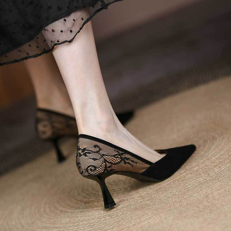 Amozae Lace Women's Stiletto Retro Pointed Splicing Thin Heel Ladies Pumps New Fashion Shallow Mouth Female Single Shoes