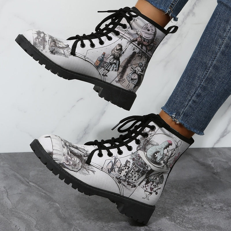Christmas Gift Women Boots Women's Spring Autumn New British Fashion Women's Tooling Boots Flower Print High-Top Boots Ladies Shoes For Women